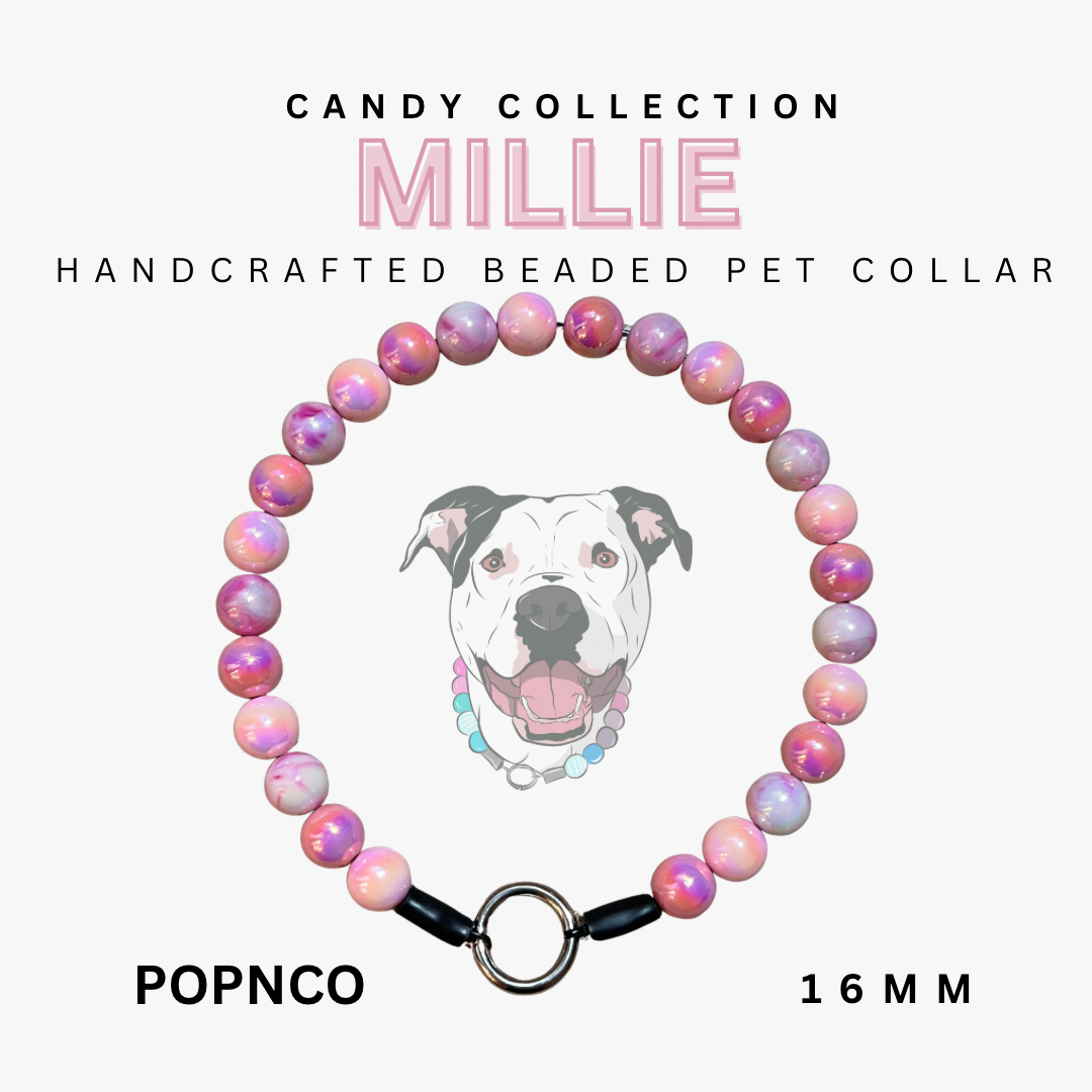 Handcrafted beaded pet collar with pink and purple beads, featuring a dog illustration and text about the 'Candy Collection' and 'Millie'.