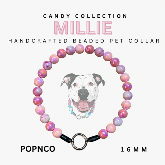 Handcrafted beaded pet collar with pink and purple beads, featuring a dog illustration and text about the 'Candy Collection' and 'Millie'.