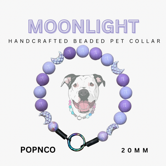 Handcrafted beaded pet collar with a dog illustration and 'Moonlight' branding on a white background.