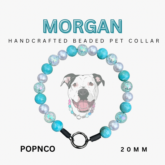 Handcrafted beaded pet collar with a dog illustration and product details on a white background
