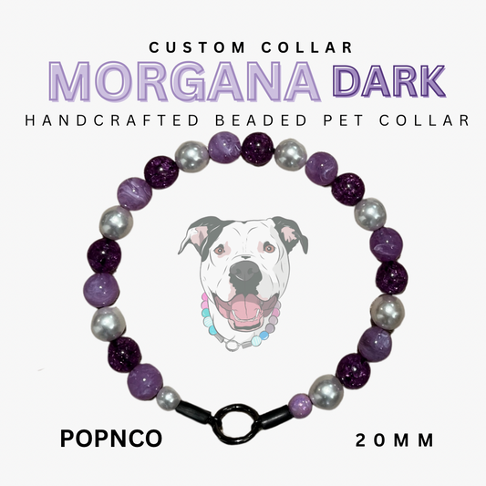 Handcrafted beaded pet collar with purple and gray beads on a white background, featuring a dog illustration.