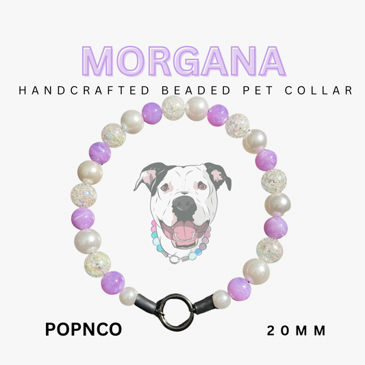 Handcrafted beaded pet collar with a dog's face on a white background, featuring the brand 'POPNCO'.
