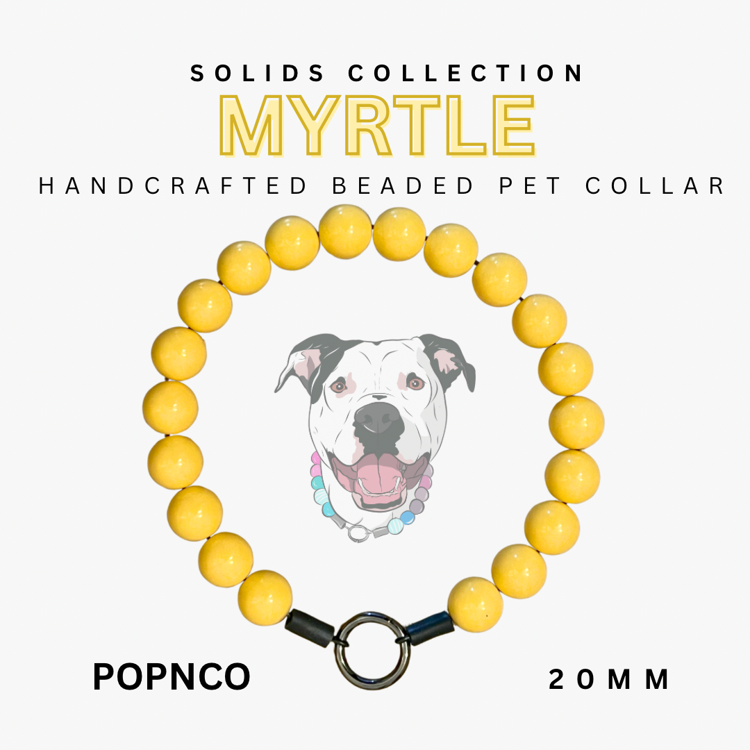 Handcrafted beaded pet collar with yellow beads and black clasp, featuring a dog illustration and product details. POPNCO