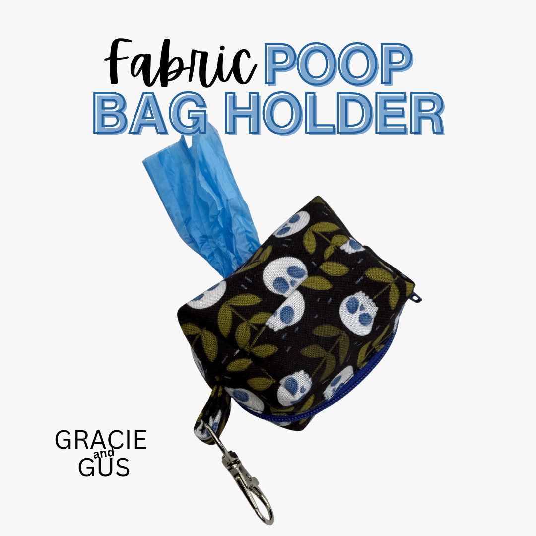 A fabric poop bag holder pouch with a black background, green leaf pattern, and white cartoon faces, shown with a blue plastic bag inserted. Large text at the top reads 'Fabric POOP BAG HOLDER' and the brand 'GRACIE and GUS' appears at bottom left on a light gray background.