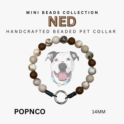 Handcrafted beaded pet collar with a dog illustration on a white background, featuring the brand 'POPNCO'.