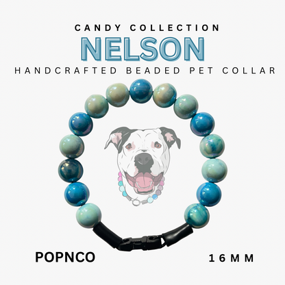 Handcrafted beaded pet collar with blue and green beads and a dog illustration on a white background.