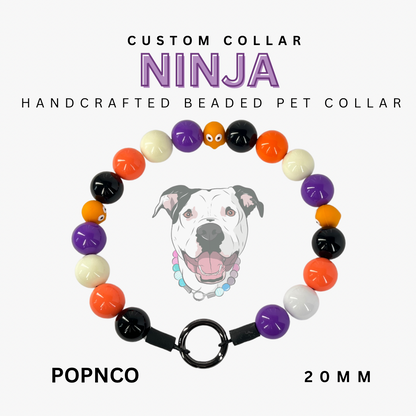 Handcrafted beaded pet collar with colorful beads and a dog illustration on a white background.