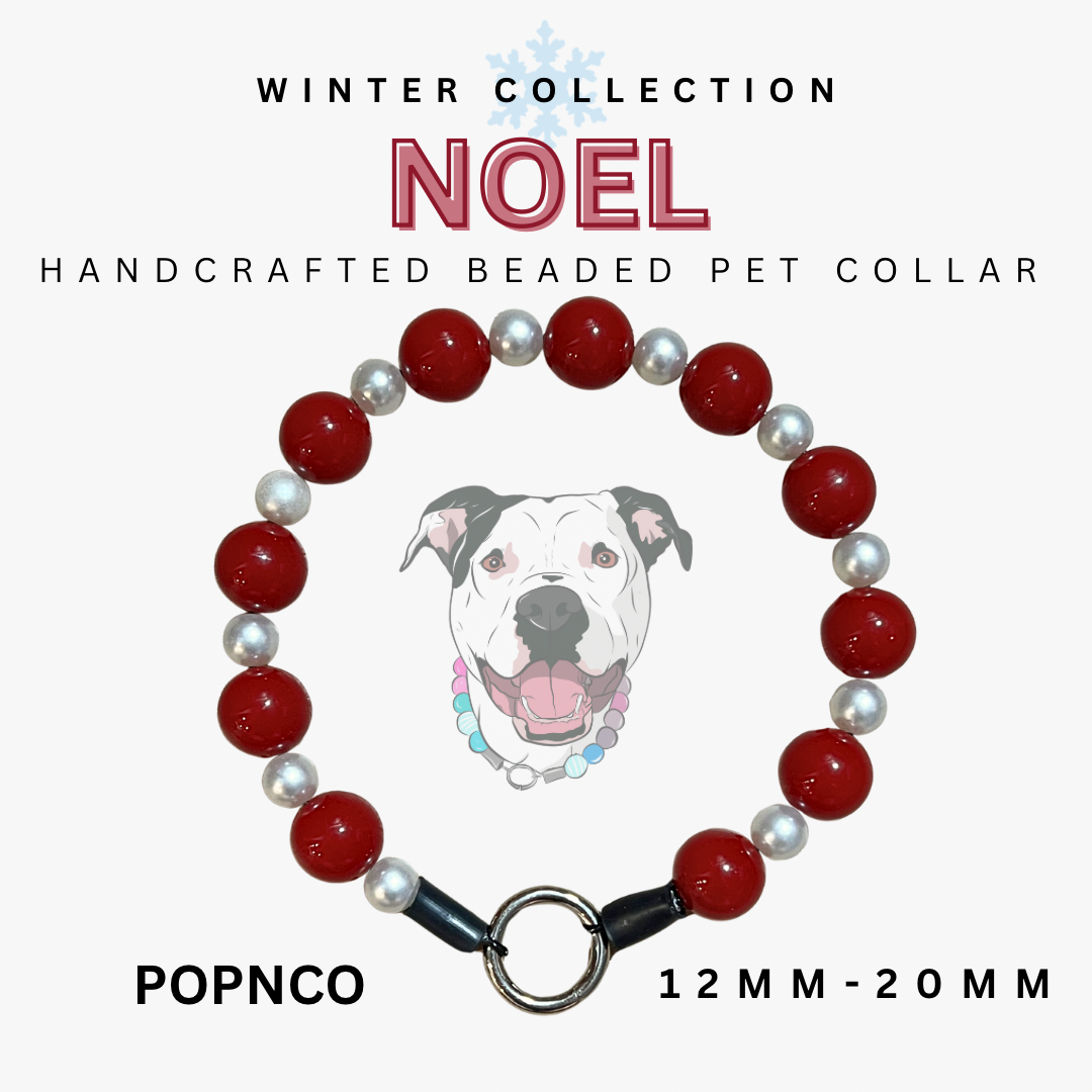 Handcrafted beaded pet collar with red and white beads on a white background, featuring 'NOEL' text and a dog illustration.