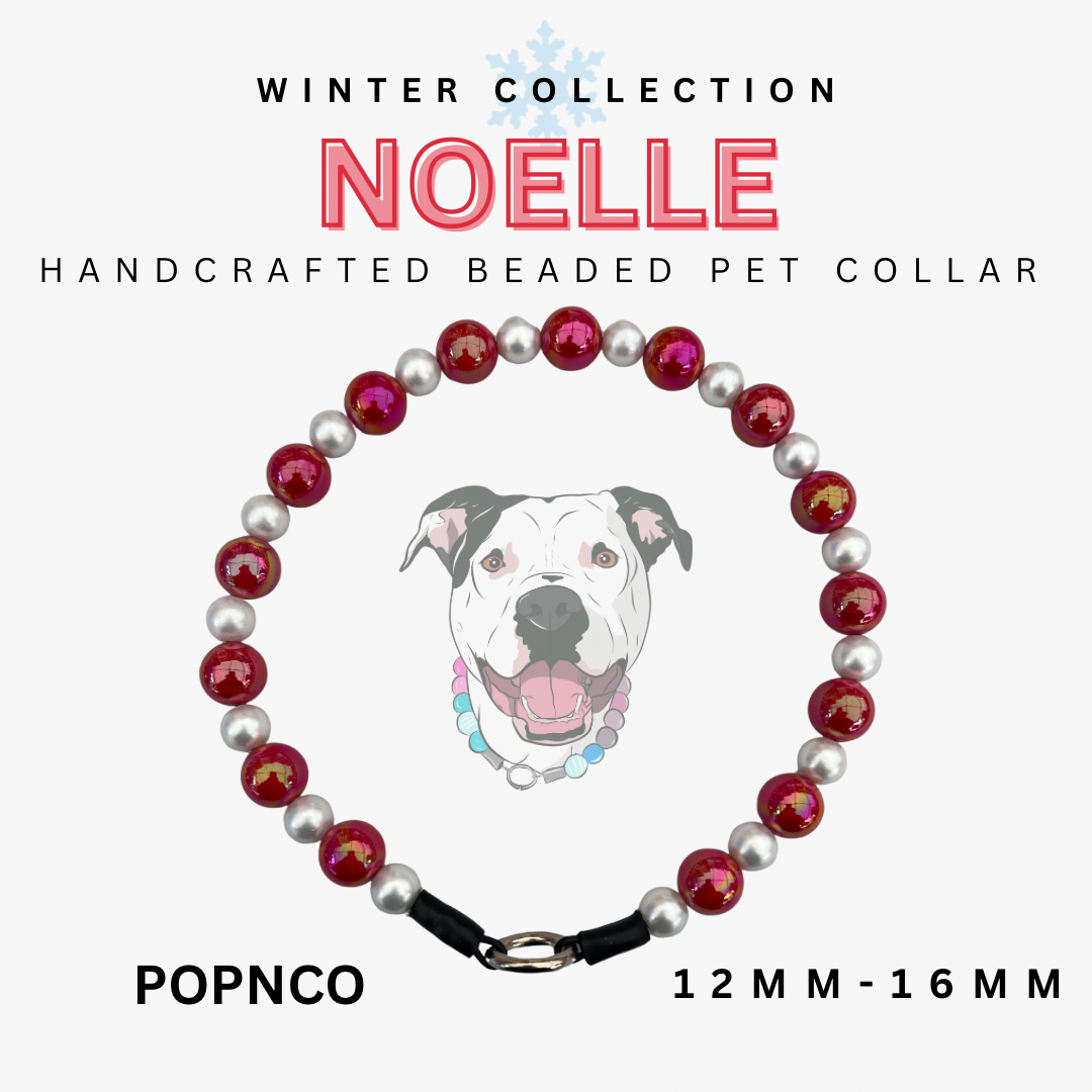 Handcrafted beaded pet collar with red and white beads on a white background, featuring the brand 'NOELLE'.