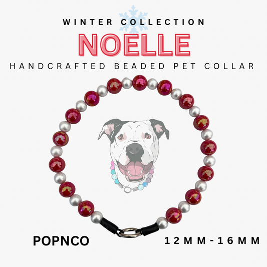 Handcrafted beaded pet collar with red and white beads on a white background, featuring the brand 'NOELLE'.