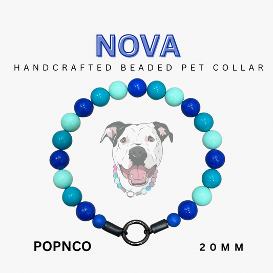 Handcrafted beaded pet collar with blue and green beads and a dog illustration on a white background.