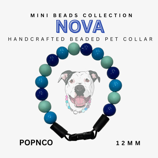 Handcrafted beaded pet collar with 'NOVA' branding and a dog illustration on a white background.