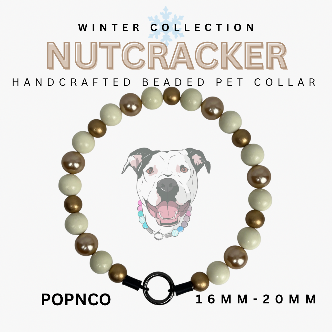 Handcrafted beaded pet collar with a dog illustration on a white background, labeled 'Nutcracker' and 'Popnco'.