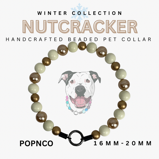 Handcrafted beaded pet collar with a dog illustration on a white background, labeled 'Nutcracker' and 'Popnco'.