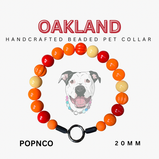 Handcrafted beaded pet collar with colorful beads and a dog illustration on a white background.