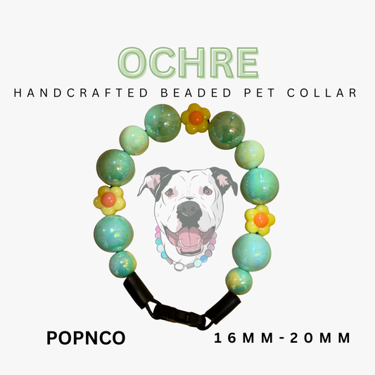 Handcrafted beaded pet collar with a dog illustration on a white background, featuring the brand 'Ochre' and product details. POPNCO beaded collar, Beaded dog collar, Breathable dog collar, cat collar, Comfortable Dog Collar, dog collar, Durable dog collar, Easy to clean dog collar, fashion collar, handmade, Pet accessories, pet collar, Popnco dog collar, slip on collar, Slip on dog collar, Stylish dog collar