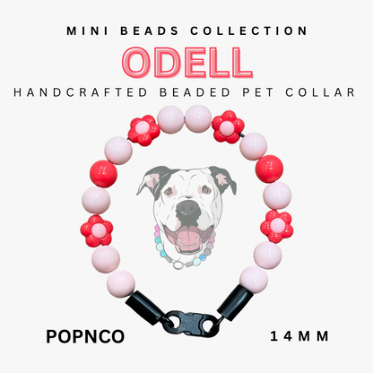 Handcrafted beaded pet collar with 'Odell' branding on a white background