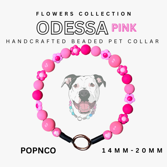 Handcrafted beaded pet collar with pink beads and a dog illustration on a white background.