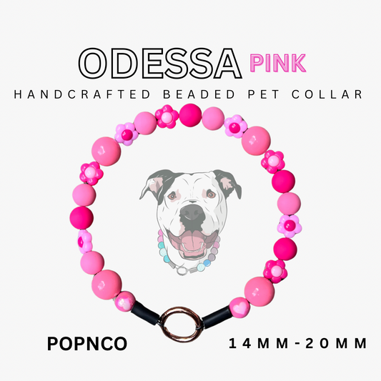 Pink beaded pet collar with a dog illustration on a white background