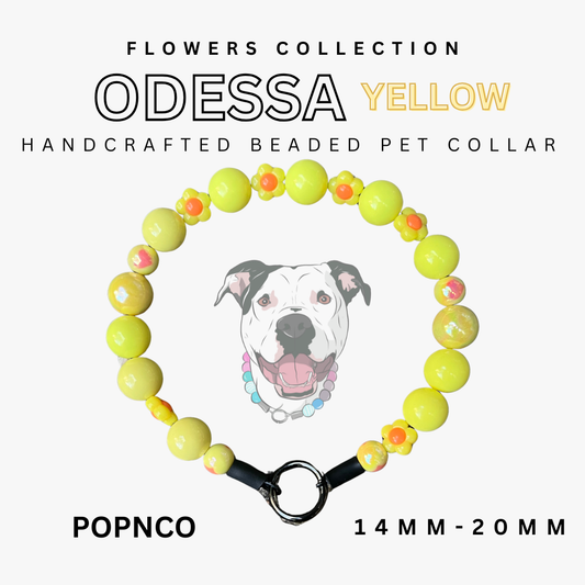Handcrafted beaded pet collar with yellow beads and a dog illustration on a white background.