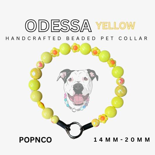 Handcrafted beaded pet collar with yellow beads and a dog illustration on a white background.