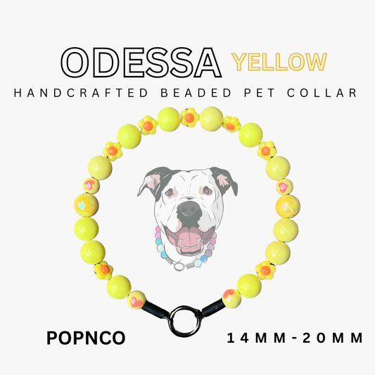 Handcrafted beaded pet collar with yellow beads and a dog illustration on a white background.