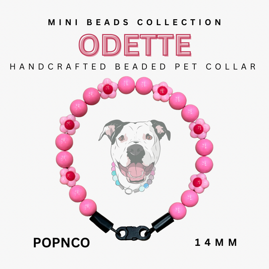 Handcrafted beaded pet collar with pink beads and black clasp, featuring a dog illustration on a white background.