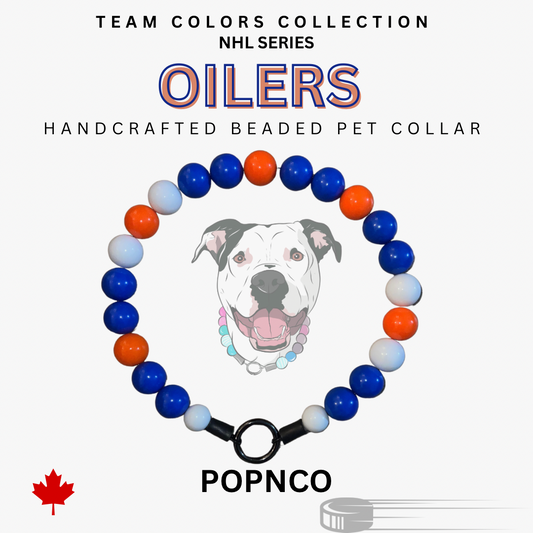 A beaded pet collar with the colors of the Oilers hockey team, featuring a picture of a dog on the collar, and the text 'TEAM COLORS COLLECTION OILERS' prominently displayed.