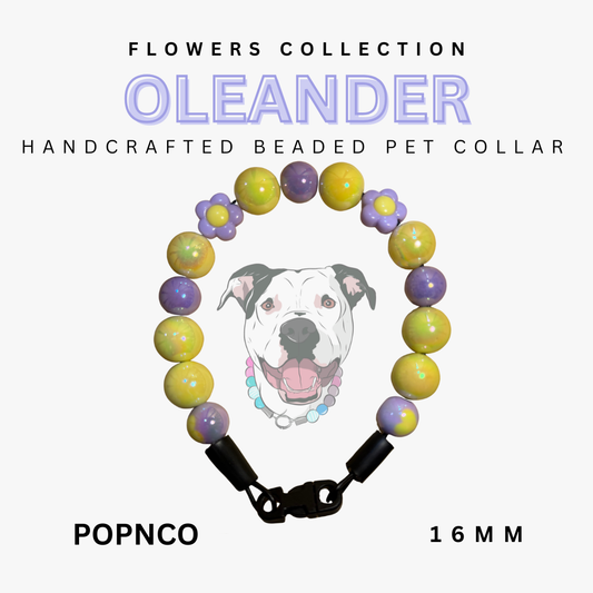 Handcrafted beaded pet collar with a dog illustration, labeled 'Oleander' from the 'Flowers Collection'.