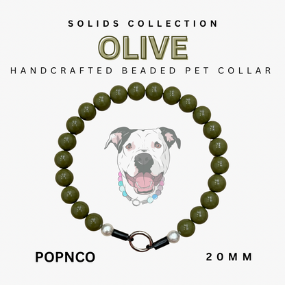 Handcrafted beaded pet collar with olive green beads and a dog illustration on a white background.