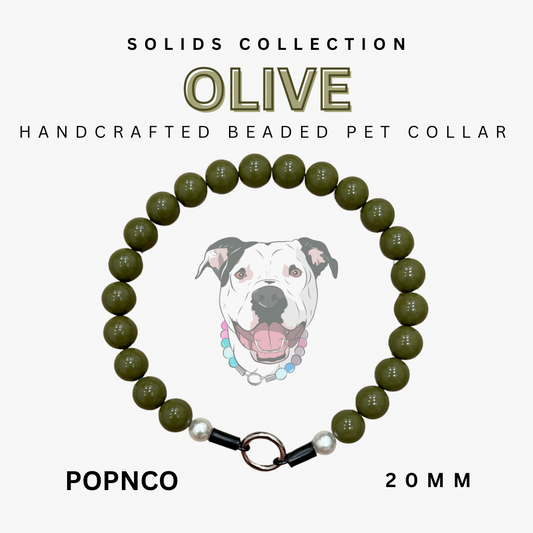 Handcrafted beaded pet collar with olive green beads and a dog illustration on a white background.