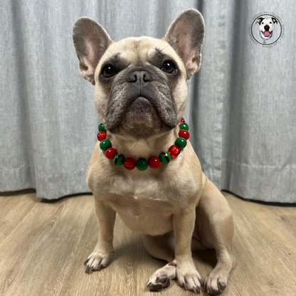 POPNCO Elf on a Shelf beaded Pet Collar. Winter Holiday Collection with alternating green belt beads with Red and Green acrylic and resin beads on Aircraft Grade Stainless Steel Wire. Tan French Bulldog sitting in front of a grey curtain wearing alternating green belt beads with Red and Green acrylic and resin beads from the Holiday winter Collection Beaded pet collars called Elf on a Shelf