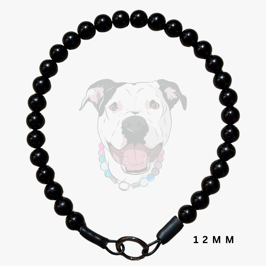 A black beaded dog collar with a clasp closure, shown against a light gray background with a faded graphic of a dog wearing a similar collar and the text '12 MM' in the lower right.