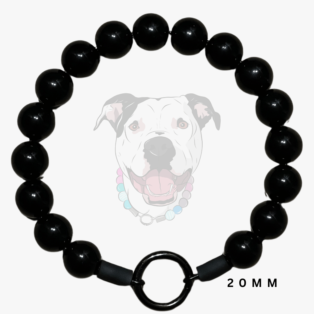A black beaded dog collar with a large circular ring clasp, shown against a light gray background with a faded graphic of a dog wearing a beaded collar and the text '20MM'.