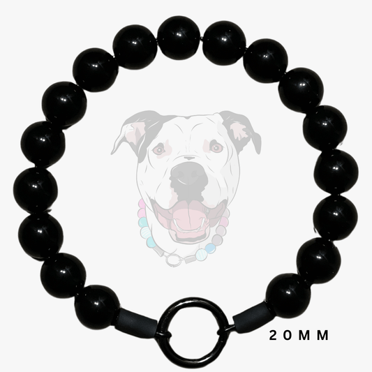 A black beaded dog collar with a large circular ring clasp, shown against a light gray background with a faded graphic of a dog wearing a beaded collar and the text '20MM'.
