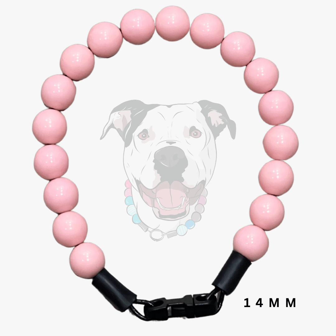 A pink beaded dog collar with a black plastic clasp, shown against a light gray background with a faint dog illustration and '14 MM' text overlay.