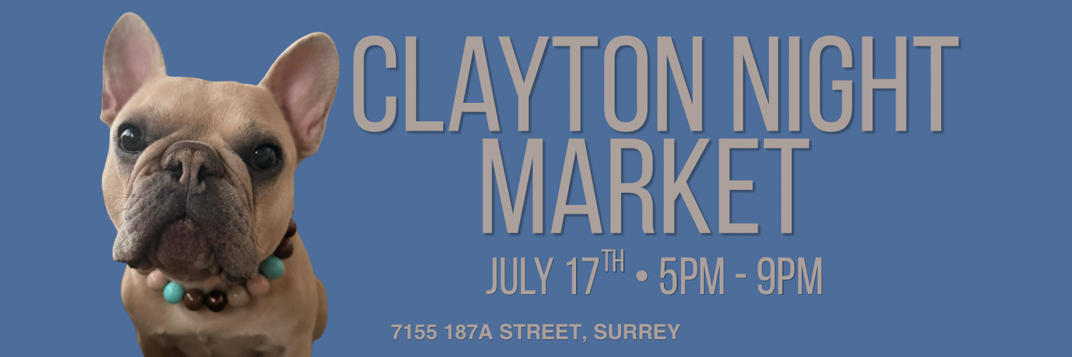 Dog with a collar on a blue background with 'Clayton Night Market' text.