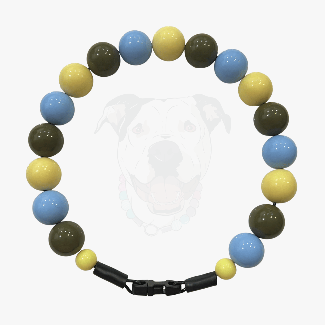 Cowboy Blue, Olive Green and Pale Yellow Beaded Pet Collar from POPNCO called Cletus. The Collar is laying flat on a white background. 