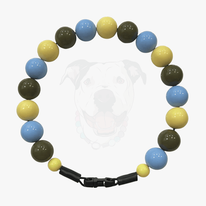 Cowboy Blue, Olive Green and Pale Yellow Beaded Pet Collar from POPNCO called Cletus. The Collar is laying flat on a white background. 