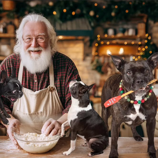 Dog standing on the counter with santa helping him bake a POPNCO wearing Red, Green and Gold Winter Collection Beaded Pet Collar named Ebenezer. Featuring Solid, Pearl, Crackle and Rhinestone Bayberry Acrylic and Resin beads on Aircraft Grade Stainless Steel Wire
