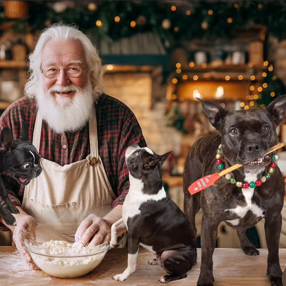 Dog standing on the counter with santa helping him bake a POPNCO wearing Red, Green and Gold Winter Collection Beaded Pet Collar named Ebenezer. Featuring Solid, Pearl, Crackle and Rhinestone Bayberry Acrylic and Resin beads on Aircraft Grade Stainless Steel Wire