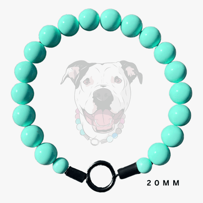 A beaded dog collar made of glossy mint green round beads, featuring a black metal split ring clasp and black end caps, displayed against a light gray background with a faint dog graphic and '20MM' text.