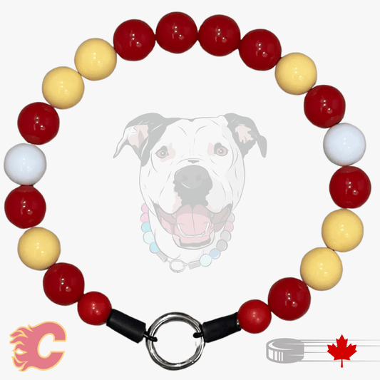 A beaded dog collar featuring alternating red, pale yellow, and white round beads, with a black magnetic clasp and a silver metal ring. A faint graphic of a dog wearing the collar is in the background.
