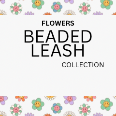 A graphic banner for the 'Flowers Beaded Leash Collection' featuring black text on a white background, decorated with retro-style floral borders at the top and bottom.