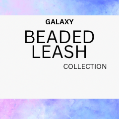 A square graphic with the text 'GALAXY BEADED LEASH COLLECTION' centered on a white background, with a soft pastel galaxy watercolor border in blue, purple, and pink at the top and bottom.