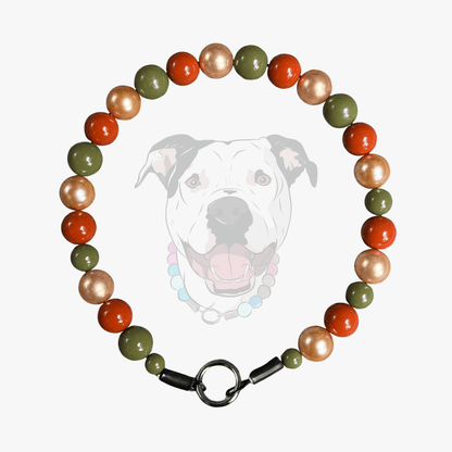 POPNCO Heather Beaded Dog Collar 20mm Square on White Background featuring rust brown, gold and olive green acrylic beads
