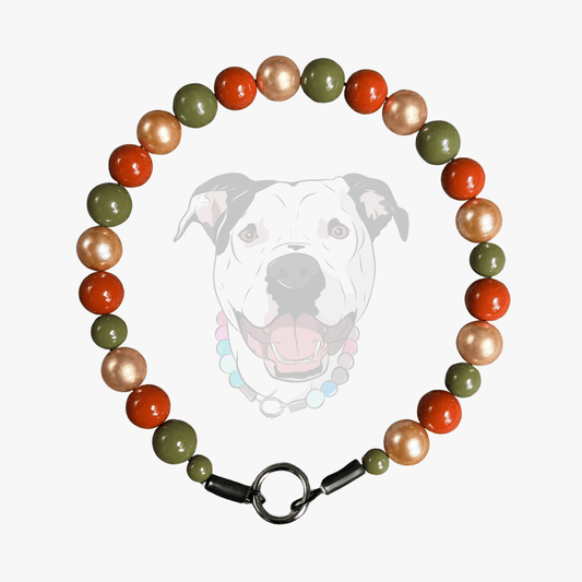 POPNCO Heather Beaded Dog Collar 20mm Square on White Background featuring rust brown, gold and olive green acrylic beads