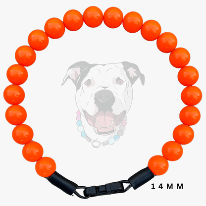 An orange beaded dog collar with a black plastic clasp, displayed on a light gray background with a faint graphic of a dog wearing the collar and '14 MM' text overlay.