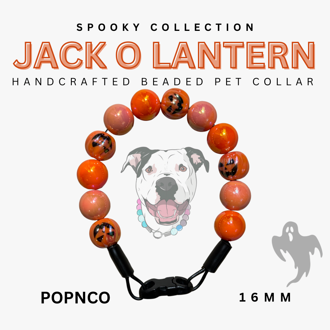 A beaded pet collar necklace displayed on a light gray background with promotional text. The collar features glossy orange and pinkish-orange round beads, some printed with a black jack-o'-lantern face.