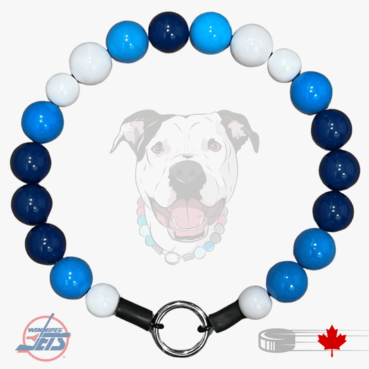 A beaded dog collar featuring alternating blue, navy, and white round beads, with a black toggle clasp and a silver metal ring. The background is white with a faded graphic of a dog wearing the collar, along with a 'Montreal Canadiens' logo and a Canadian maple leaf graphic.
